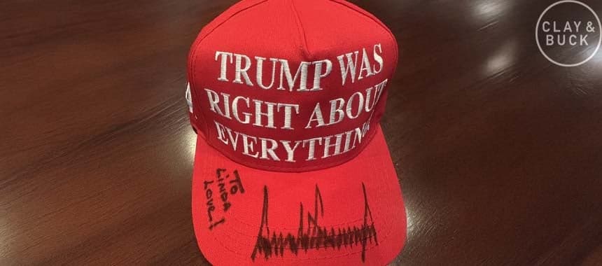Cover Image for President Trump Signs a Hat for Linda, Clay & Buck Caller Who Had a Great Idea