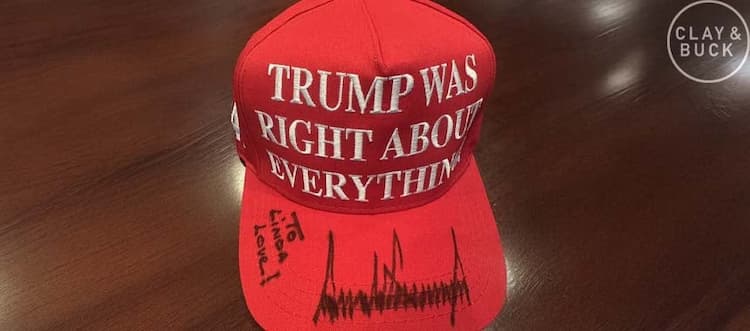 President Trump Signs a Hat for Linda, Clay & Buck Caller Who Had a Great Idea